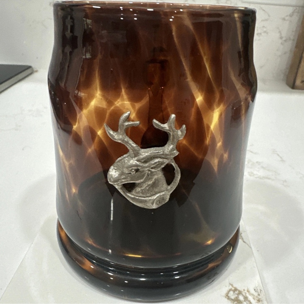 Vintage Tortoise Shell Glass Mug With Stag Head 4.75” tall D-shape Handle
